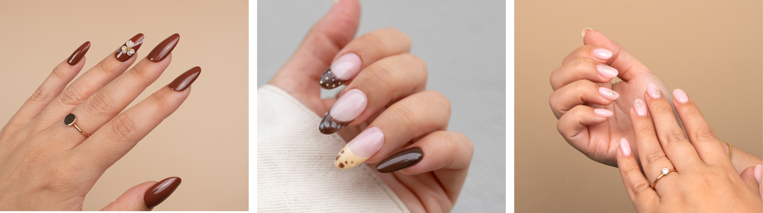 diferentes uñas con una manicura otoñal de color marrón y nude