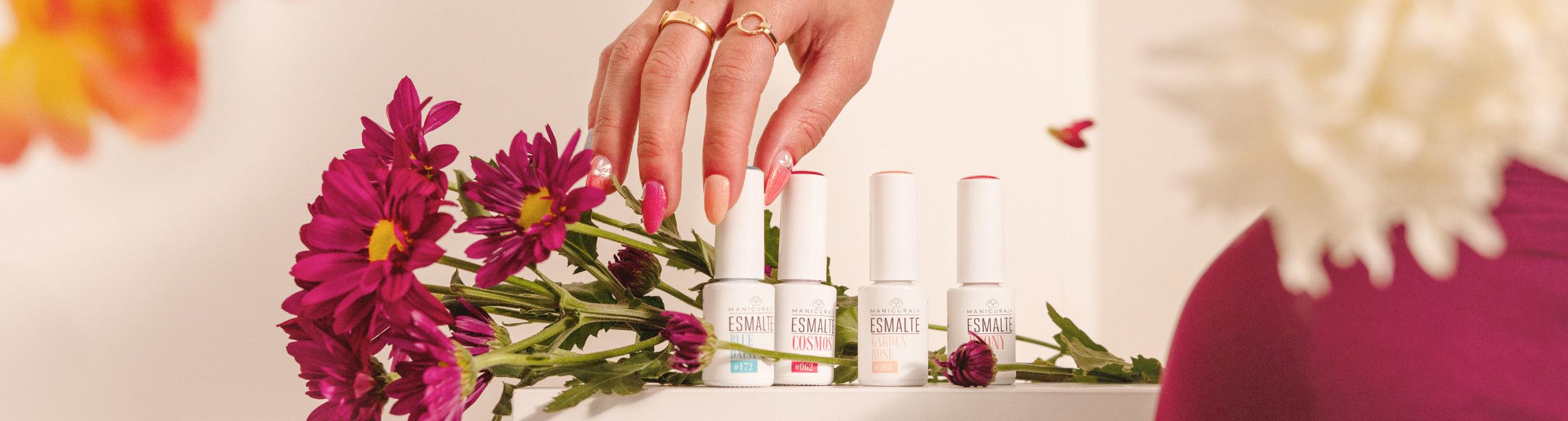 Mano con manicura francesa y esmaltes de uñas junto a flores moradas, productos de manicura.