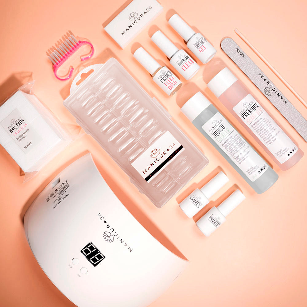 Kit de manicura profesional con lámpara LED, tips, limas y esmaltes para uñas