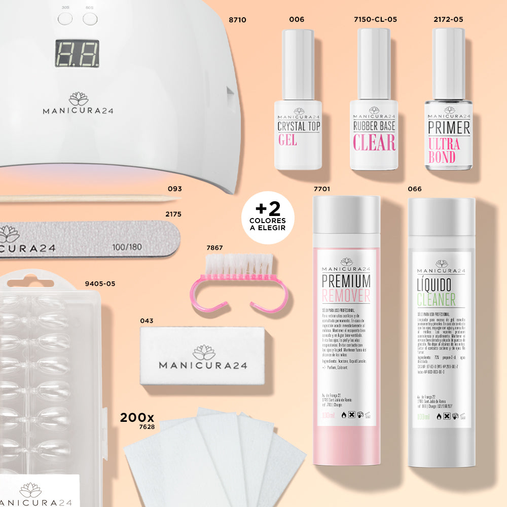 Kit de manicura profesional con lámpara LED, esmaltes, lima, cleaner y accesorios para uñas.