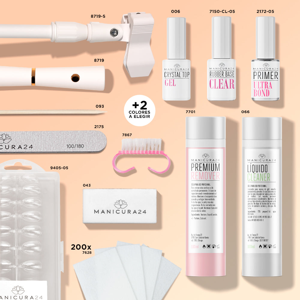 Kit de manicura profesional con esmaltes, limas, removedor, cleaner y accesorios para uñas.