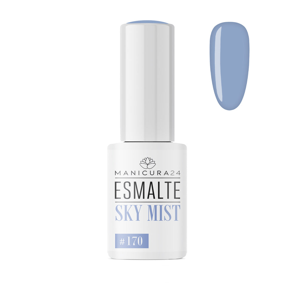 Esmalte de uñas azul cielo Sky Mist 5ml, frasco blanco y muestra de color visible