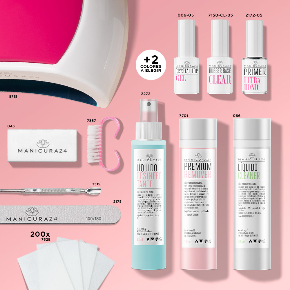 Kit de manicura con lámpara UV, esmaltes, líquidos desinfectante y removedor, lima y accesorios.