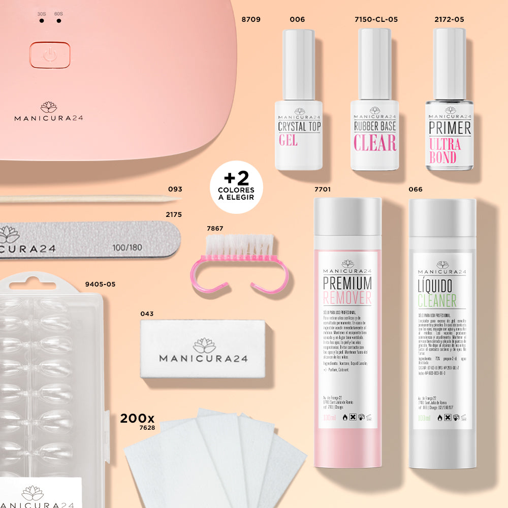 Kit de manicura profesional con lámpara LED, esmaltes, limas, removedor y accesorios.